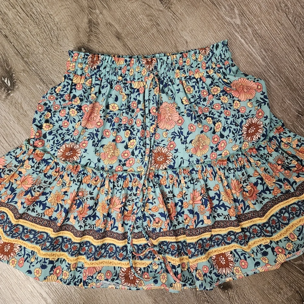 Floral Tiered Mini Skirt - Blue & Coral